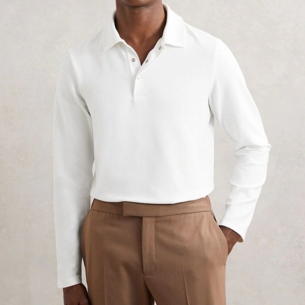 REISS White Tivolli Textured Press Stud Polo Shirt Long Sleeve Size Medium